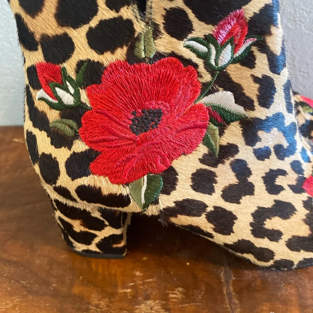 Kate Spade Langton Cow Hair Leopard Print Boots Red Floral Embroidered Accent